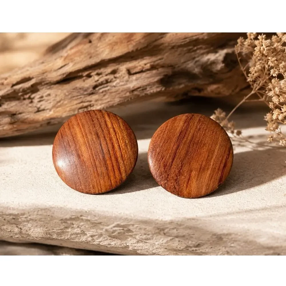 VINTAGE Wooden Circular Screw-back Earrings